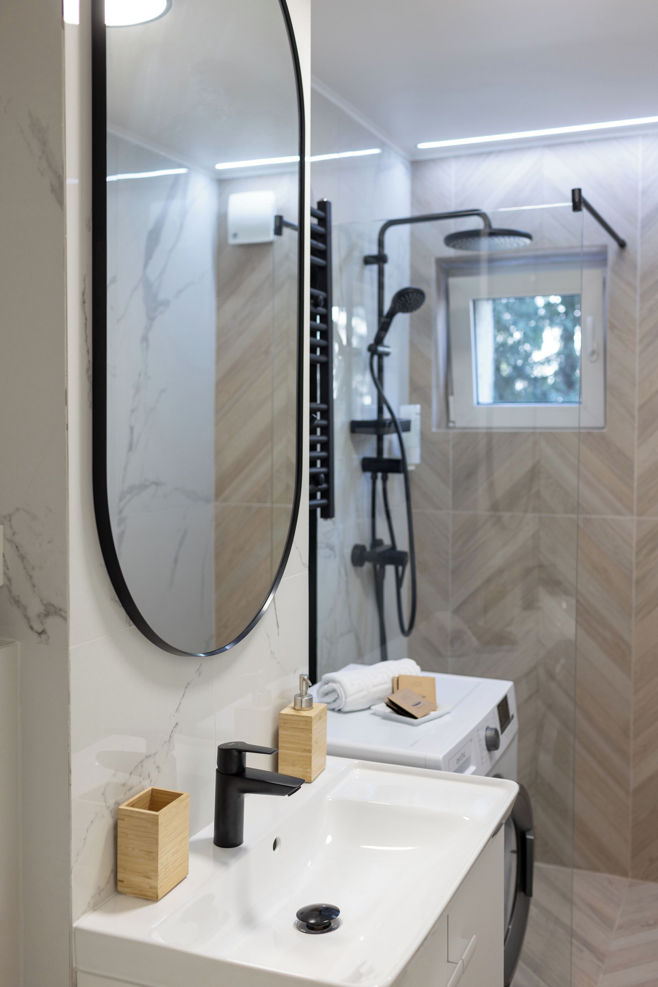 Hair dryer, towels, soap, shampoo