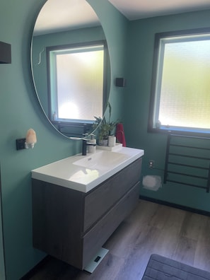 Ducha, secador de pelo, toallas y jabón