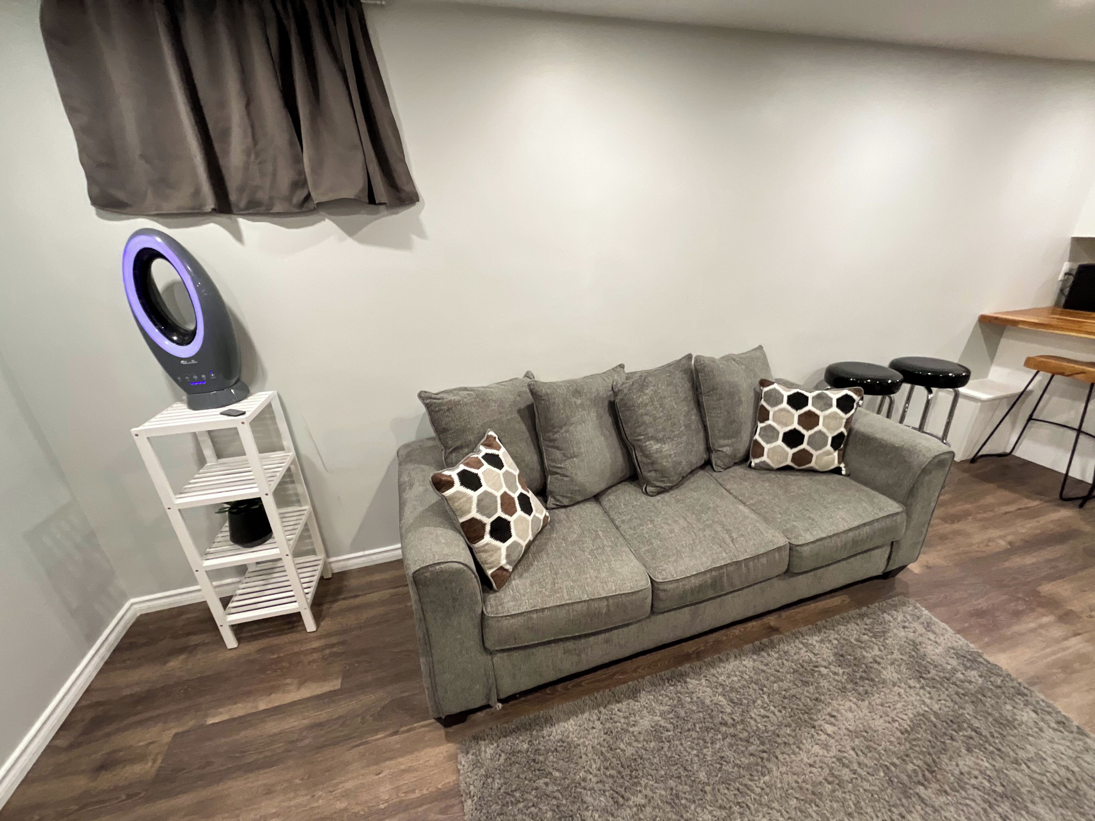 A modern living room with a grey sofa, two patterned throw pillows, a white shelving unit, a black circular light fixture, and a wooden coffee table.