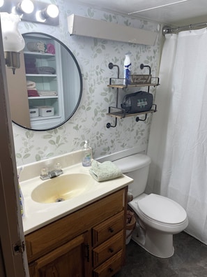 Hair dryer, towels, soap, toilet paper