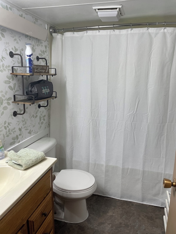 Hair dryer, towels, soap, toilet paper