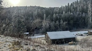 Una cabaña rústica con techo metálico, rodeada de un bosque con suelo cubierto de nieve.