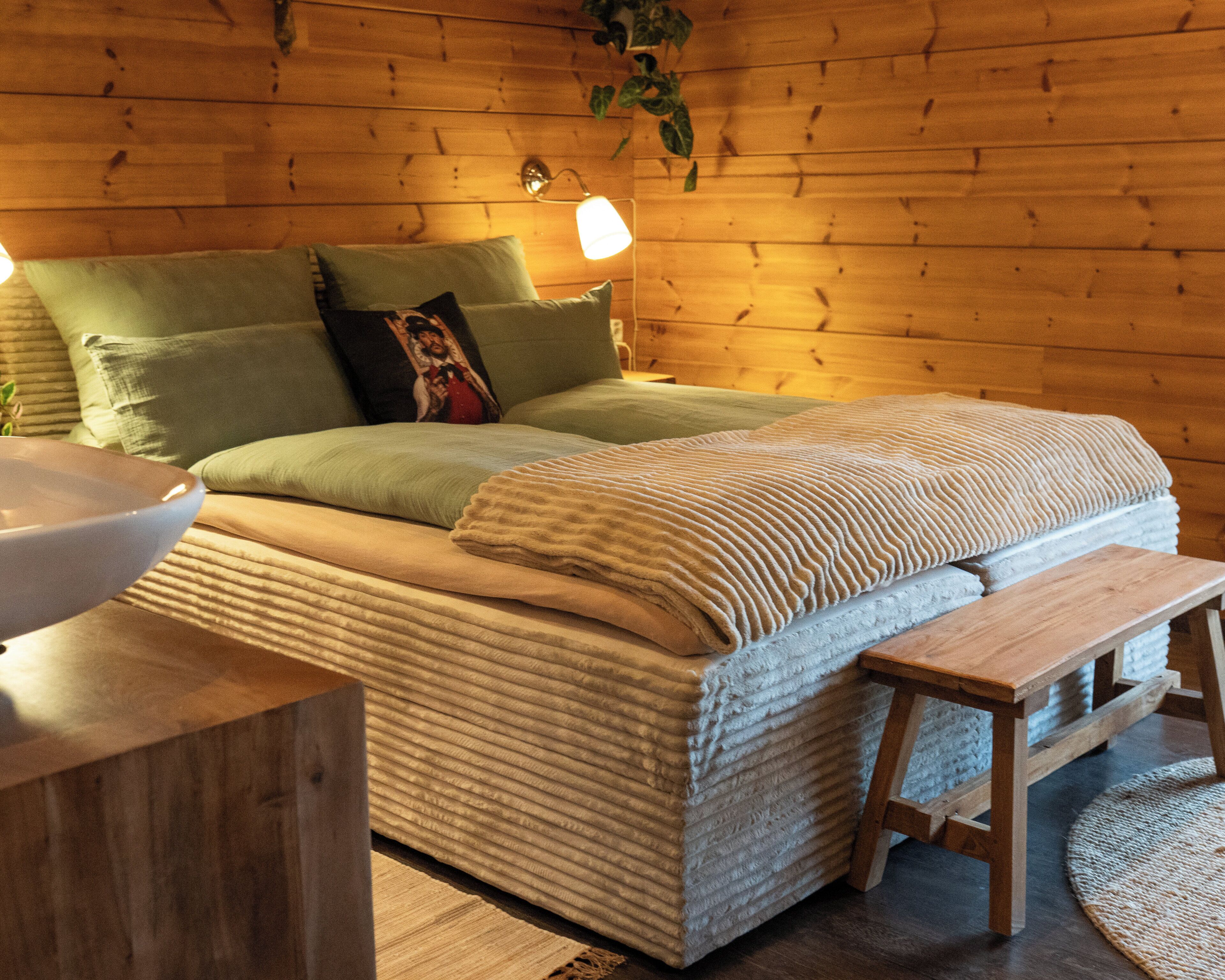 A wooden cabin interior with a bed, pillows, a bedside table, and a hanging plant.