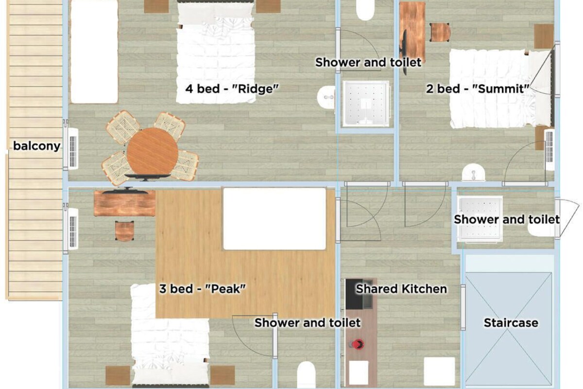 A hotel layout with 4-bed "Ridge," 2-bed "Summit," and 3-bed "Peak" rooms, a shared kitchen, and a staircase.