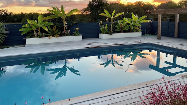 A swimming pool with a wooden deck, surrounded by planters with tropical plants and flowers, under a sunset sky. - Modern haven of peace with panoramic views (Saint-Caprais-de-Bordeaux)
