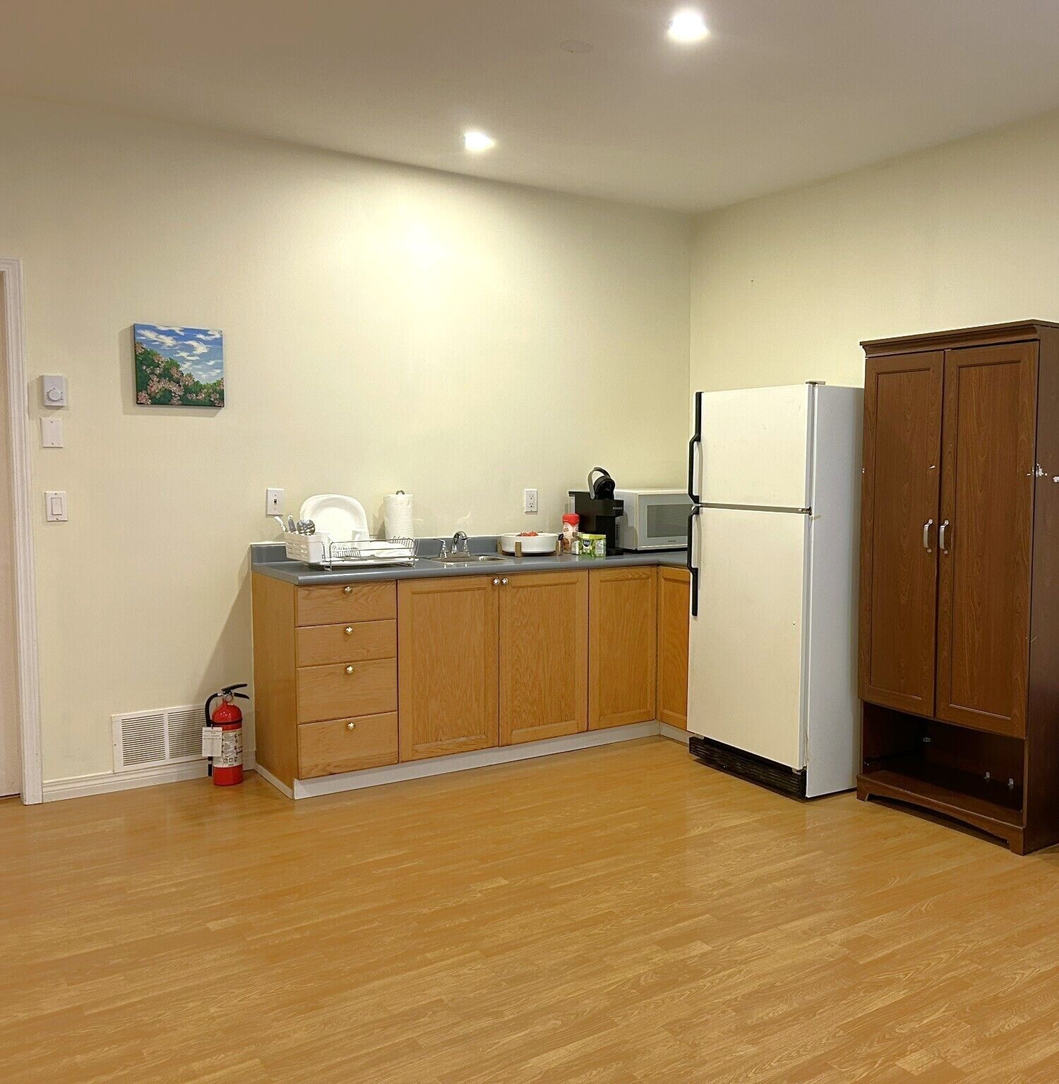 Een koelkast, een microgolfoven, een kookplaat