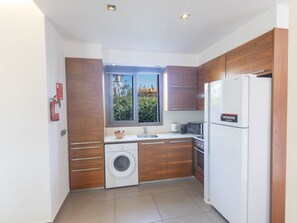 Fridge, microwave, oven, cookware/dishes/utensils