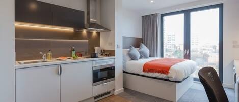 Estudio clásico, para no fumadores | Cocina privada | Frigobar, horno y parrilla de estufa