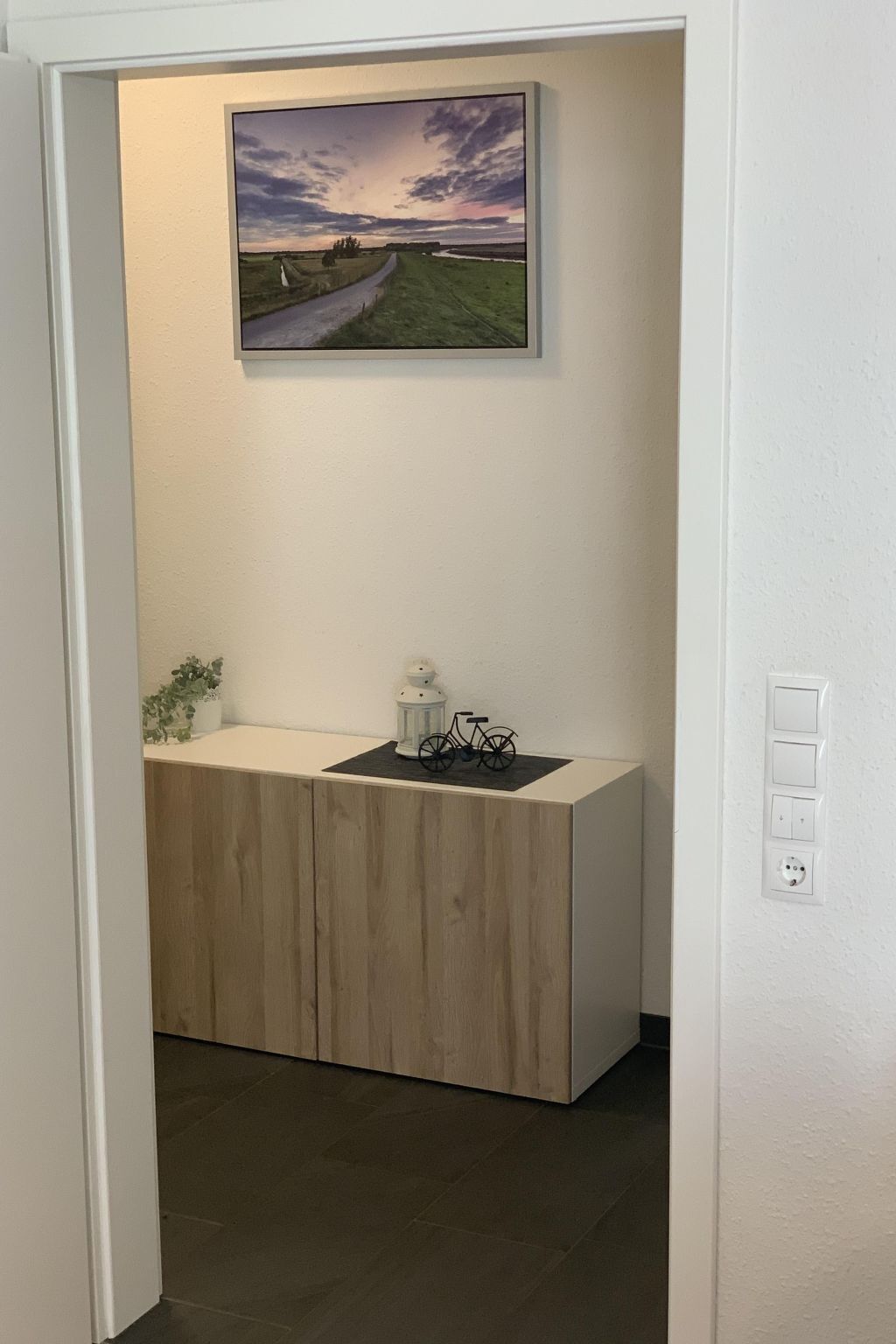 Un comptoir d’accueil surmonté d’un tableau représentant un paysage, ainsi qu’une petite plante en pot et une maquette de vélo.