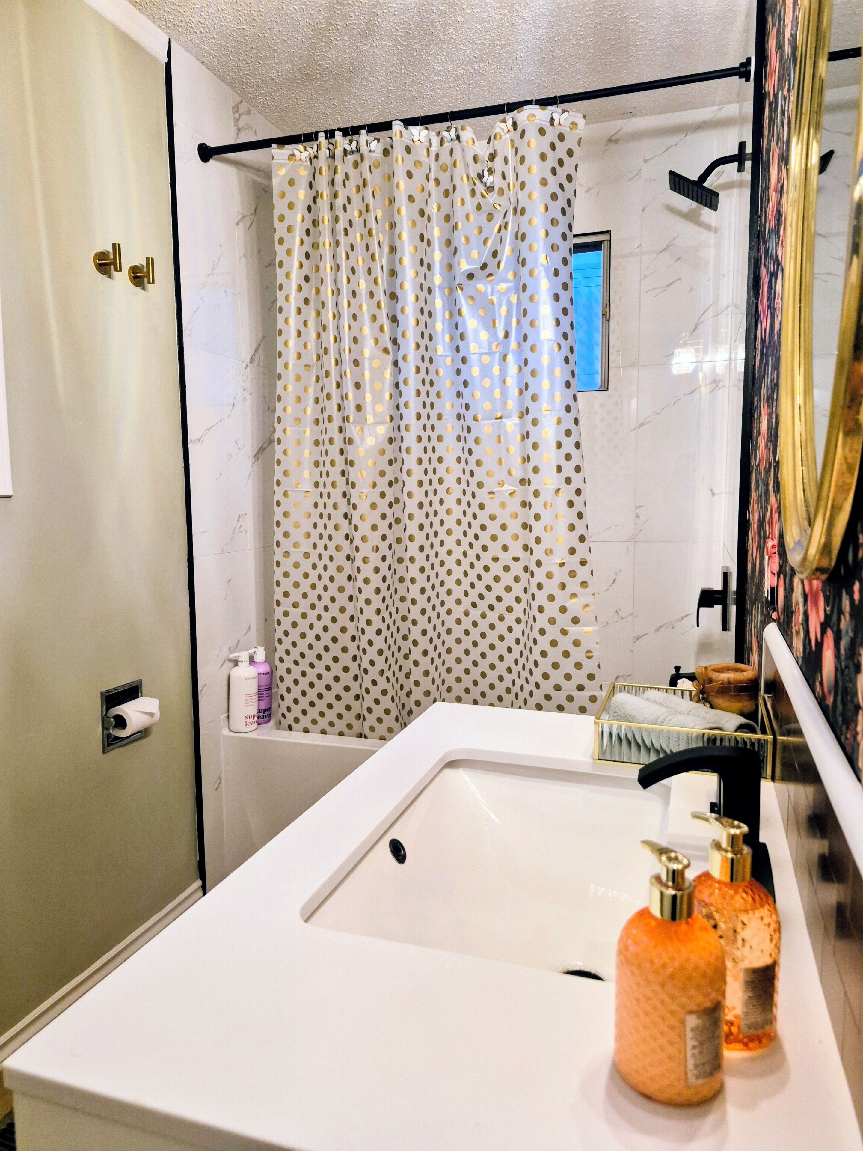 Hair dryer, towels, soap, toilet paper