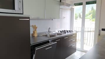 Fridge, microwave, dishwasher, cookware/dishes/utensils