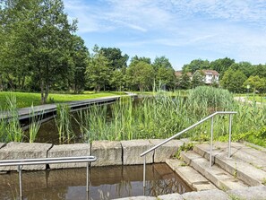 Ein friedlicher Park mit Teich, Steintreppe und Holzsteg.