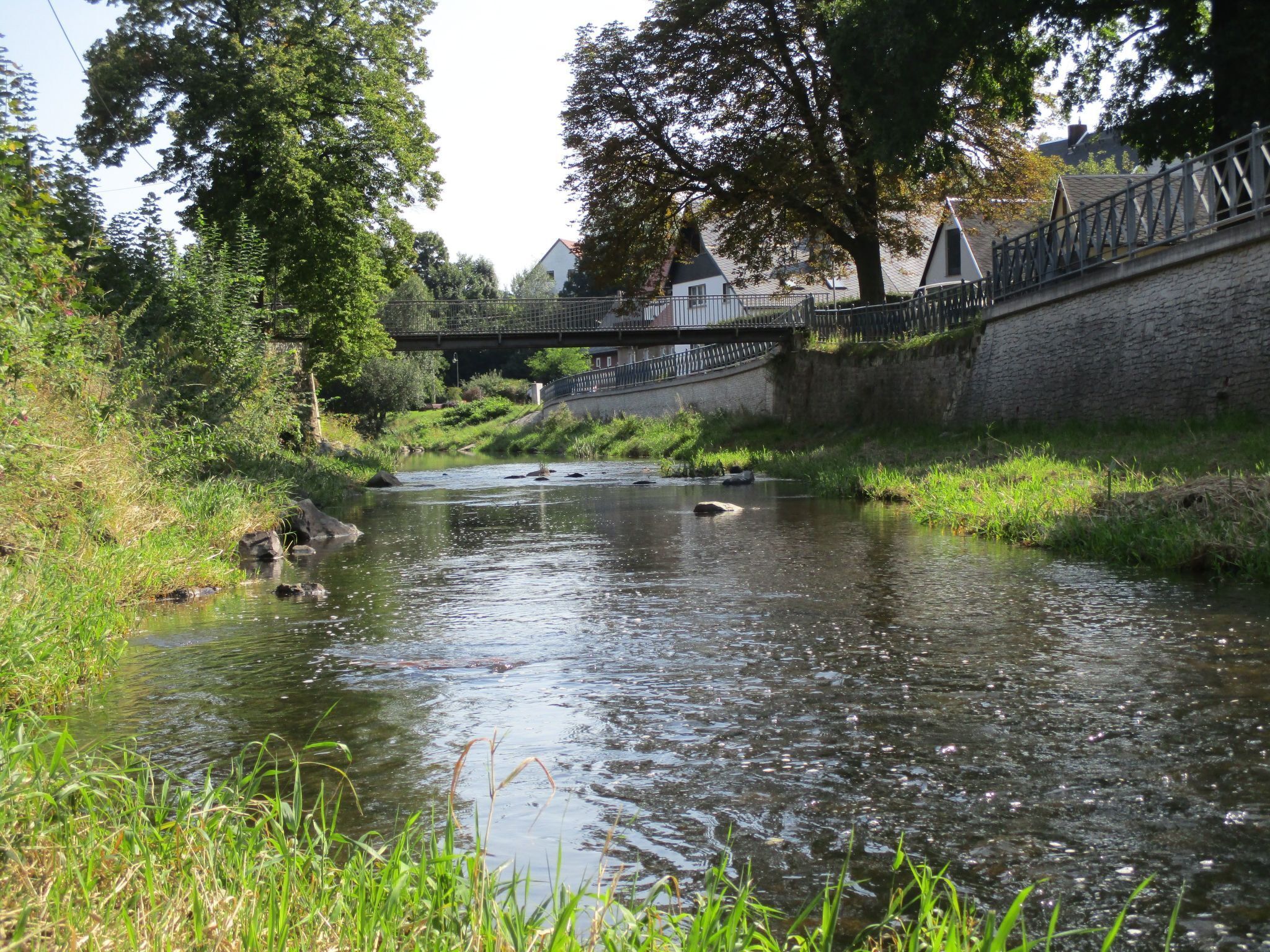 A river with a stone bridge, surrounded by greenery and buildings.