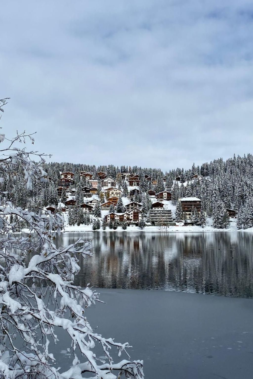 A winter scene with a lake reflecting buildings and snow-covered trees.