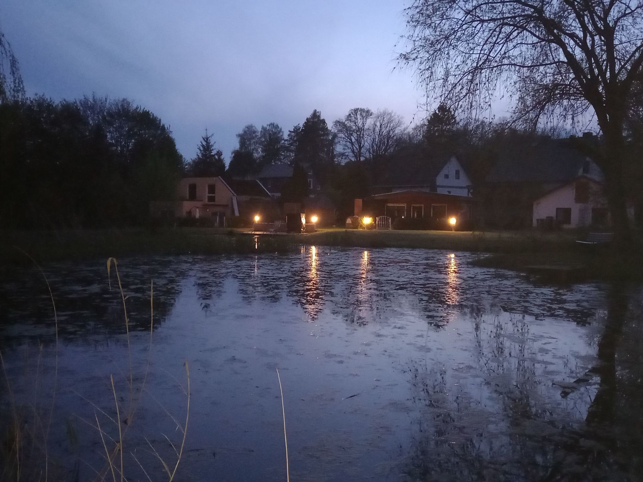 Ruhige Wasserfläche spiegelt Lichter von Häusern im Hintergrund.