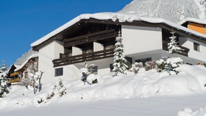 Eine moderne Chalet-Hütte mit Holzbalkon, umgeben von schneebedeckten Bäumen und einer Bergkulisse.