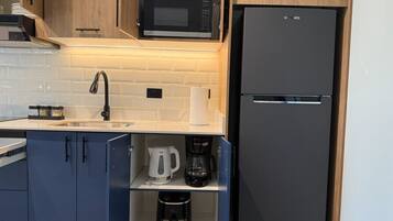 Fridge, microwave, coffee/tea maker, electric kettle