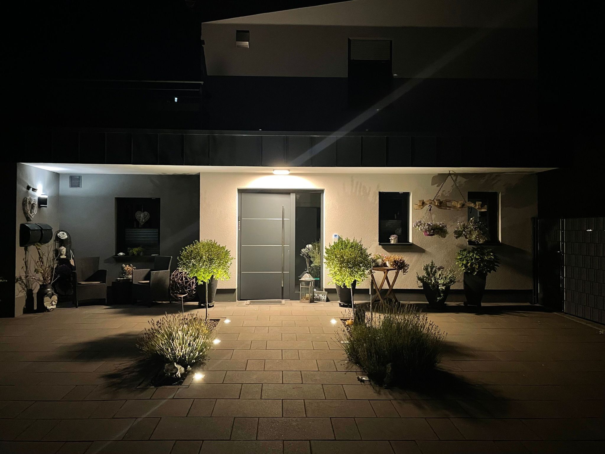 Une maison moderne à deux étages, dotée d’une entrée bien éclairée, d’un coin repas avec une table et des chaises, et de plusieurs plantes en pot.