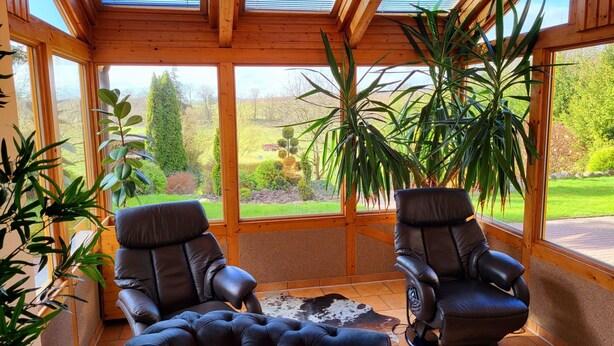 Una sala de estar con sol, con dos sillones de cuero, un reposapiés capitonado y una planta grande en maceta.
