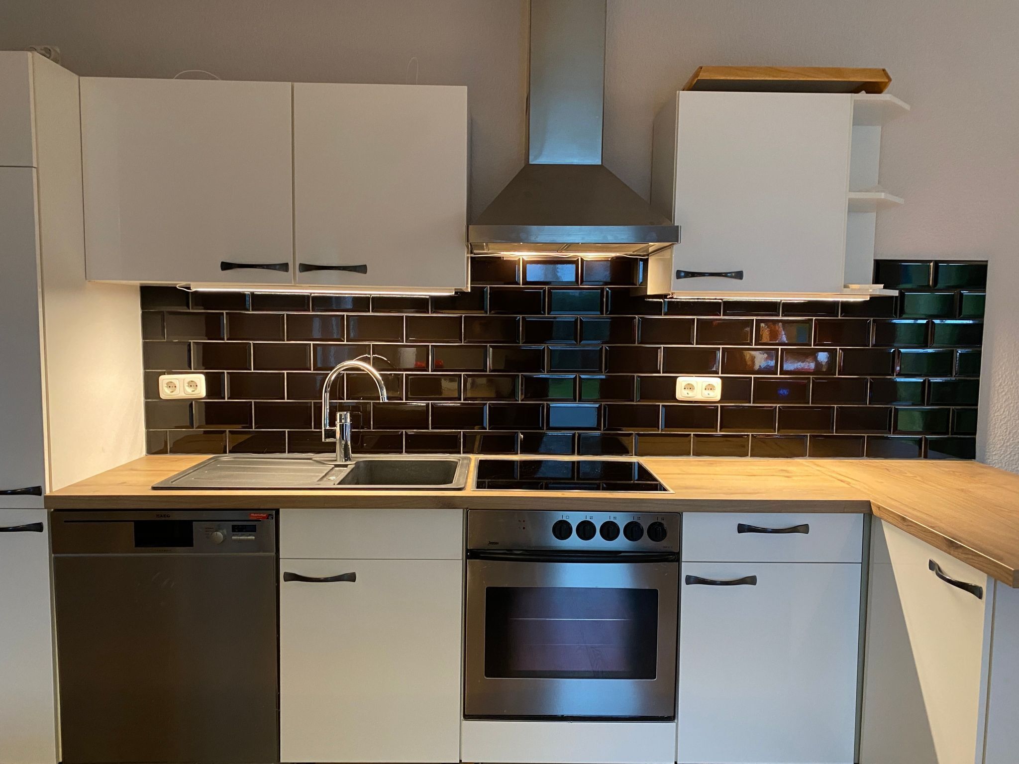 Fridge, oven, dishwasher, cookware/dishes/utensils