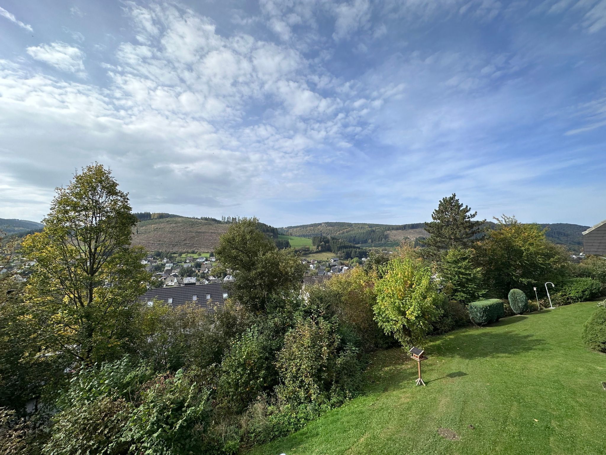 A rural landscape with a house, a well-maintained lawn, and a view of a village in the distance.