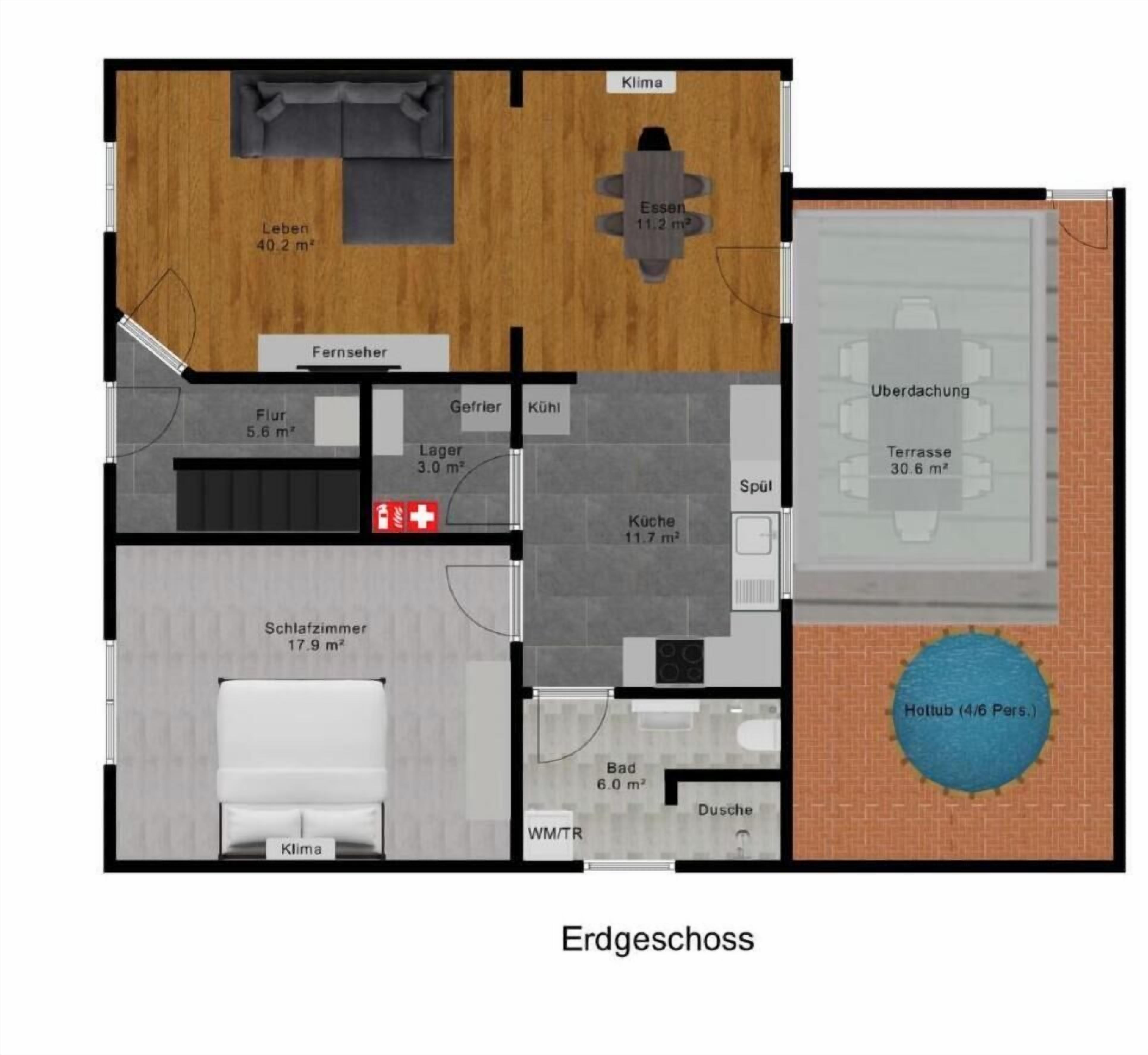 Ein Hotelgrundriss mit Wohnzimmer, Küche, Essbereich und einer Whirlwanne.