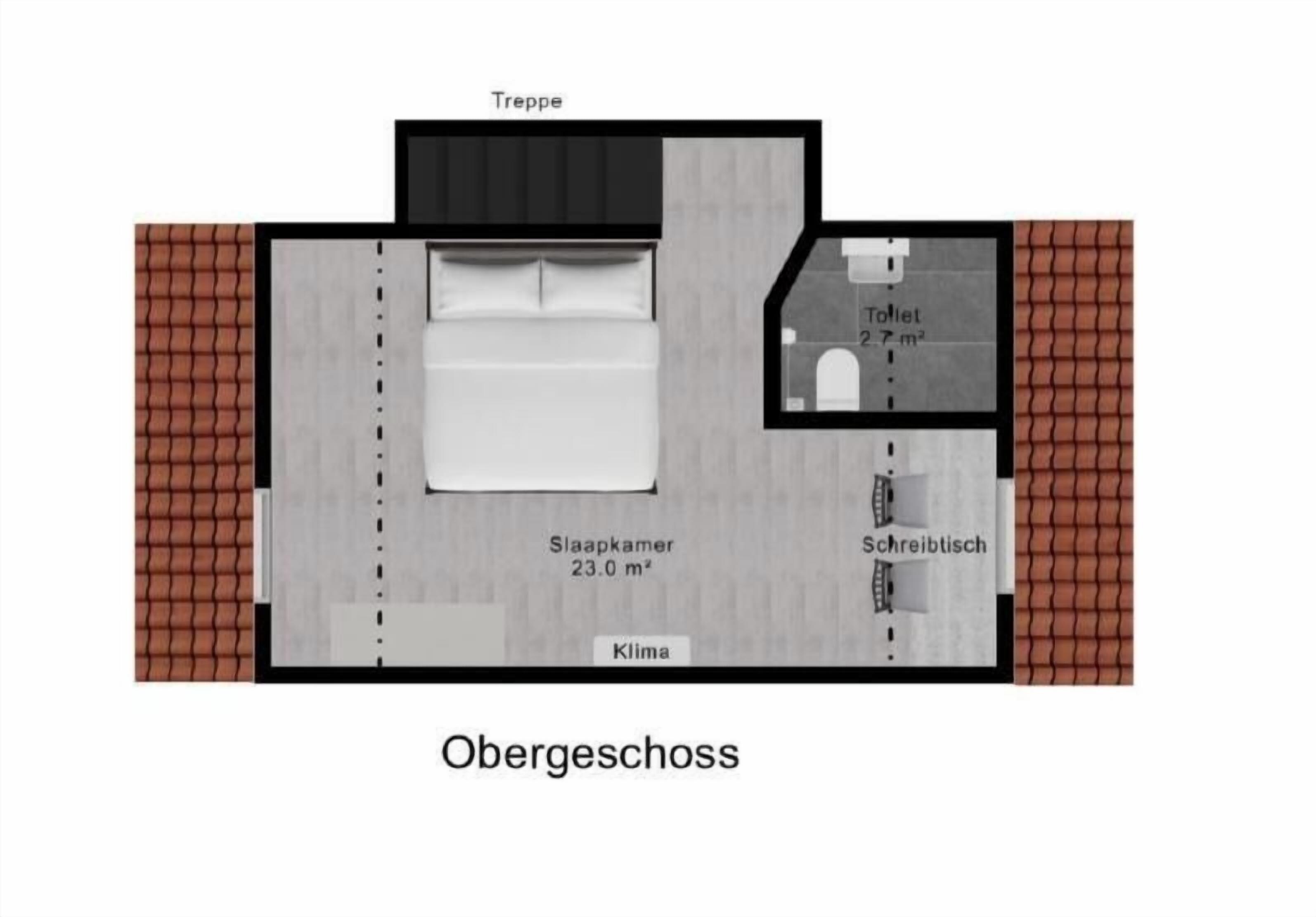 A floor plan of an Obergeschoss with a Treppe, a 23.0 m² Slaapkamer, a Klima, and a Schreibtisch.