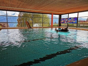 An indoor swimming pool with clear windows, a slide, and a view of mountains. - Chalet Lilo Studio by Interhome (Beatenberg)