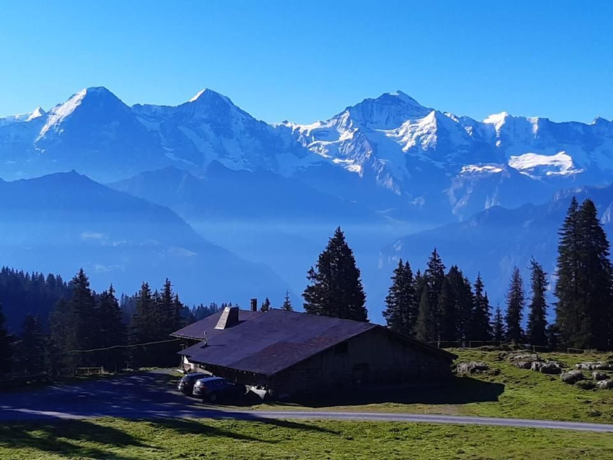 Une cabane de montagne avec un toit en pente, entourée d’un champ herbeux et bordée par une route.