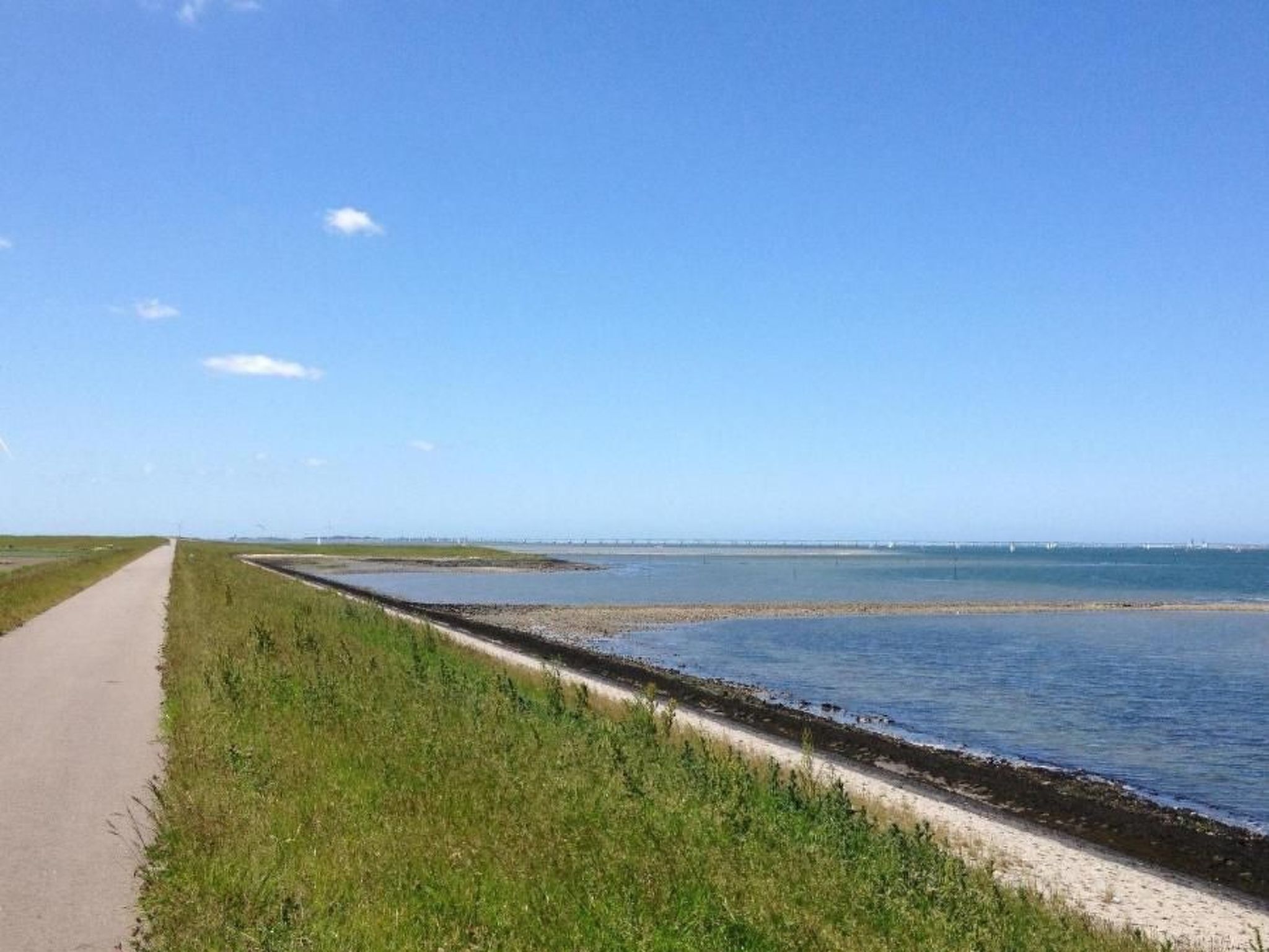 A coastal road with a grassy embankment and a clear view of the sea.