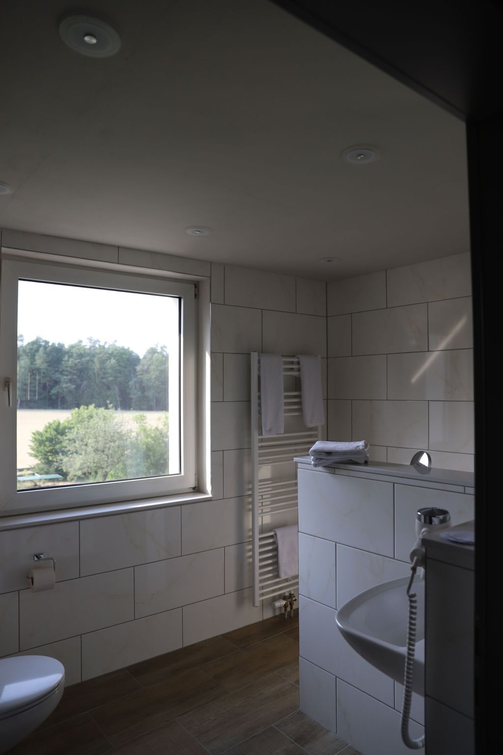 A bathroom with a toilet, sink, and window.