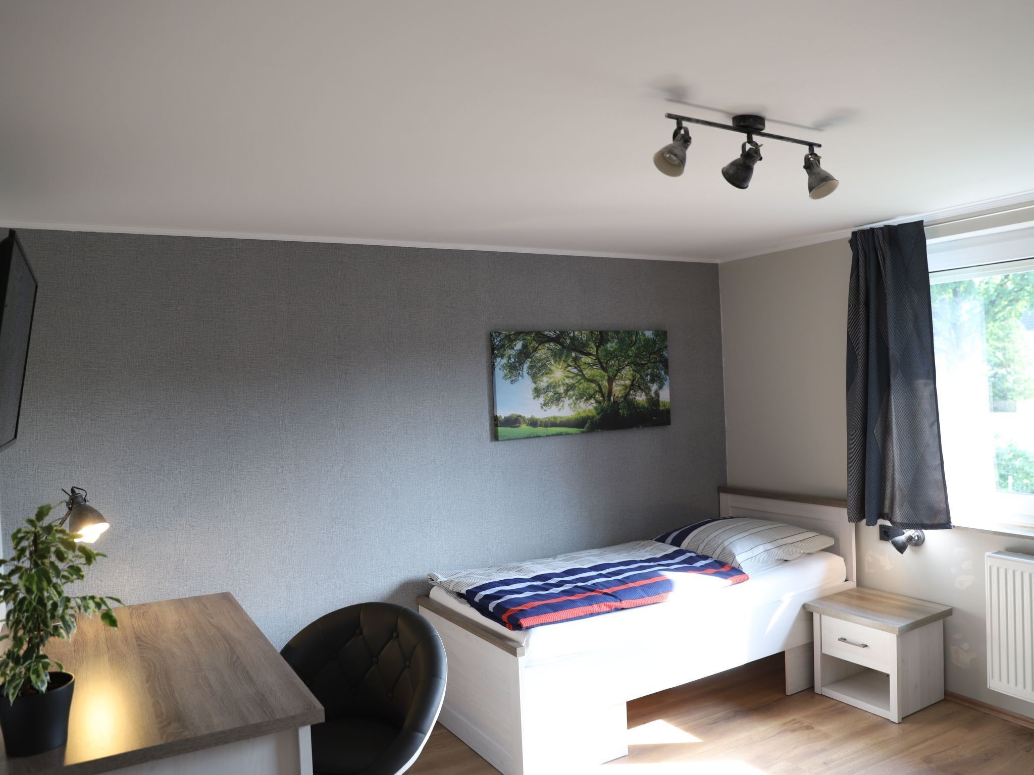A bedroom with a bed, bedside tables, a chair, a desk, a potted plant, a ceiling light fixture, and a window with curtains.