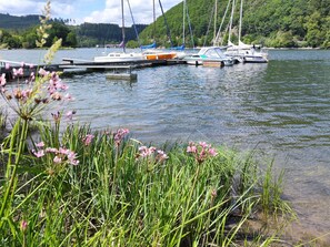 En rolig sø med både fortøjet ved en bro, omgivet af frodig vegetation og bakker i baggrunden.