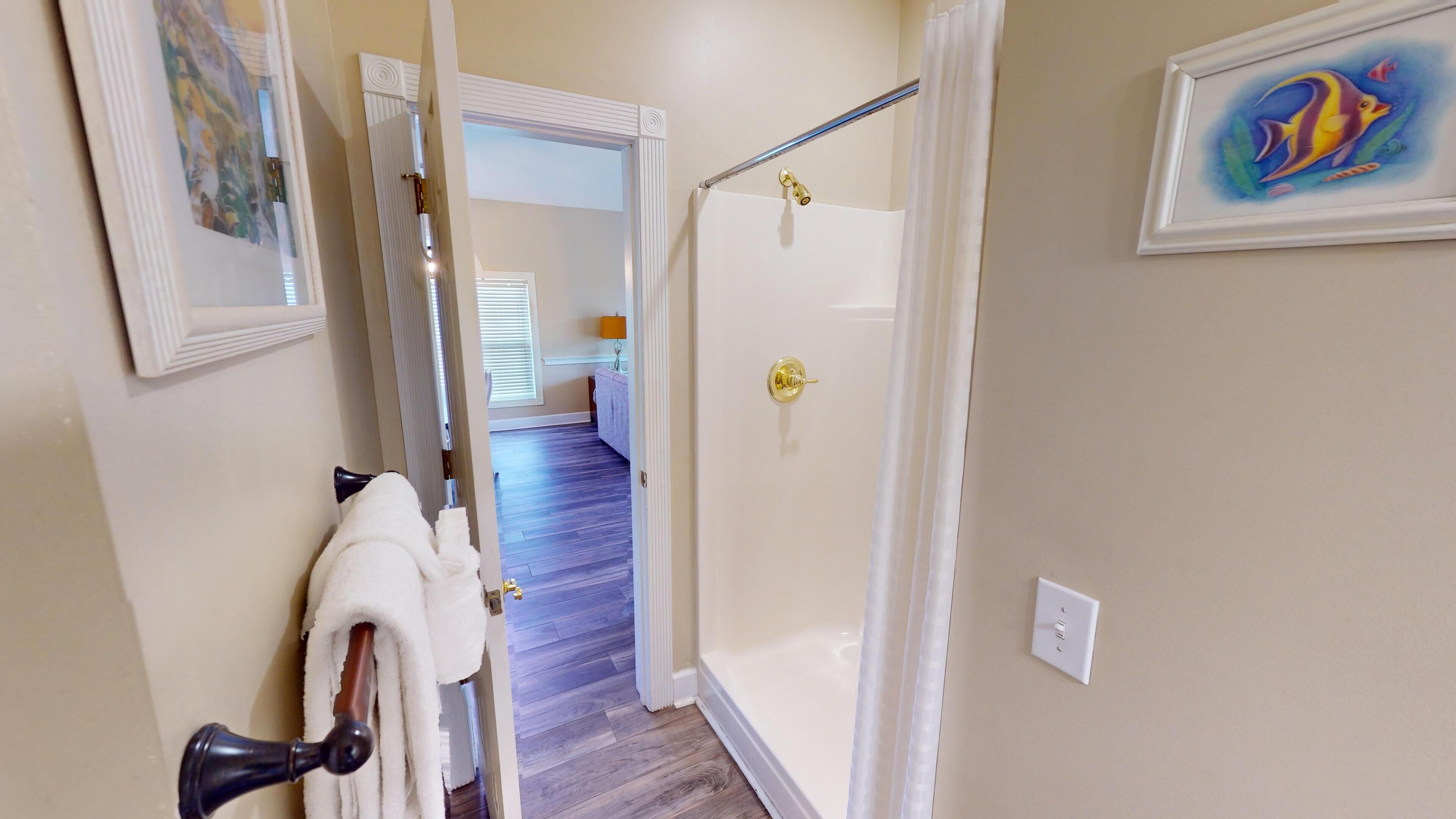A hallway with a white door, a towel rack, a shower curtain rod, and a framed picture on the wall.
