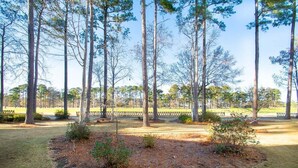 A park with tall trees, a grassy area, and a fenced path. - World Tour 104-206a (Myrtle Beach)