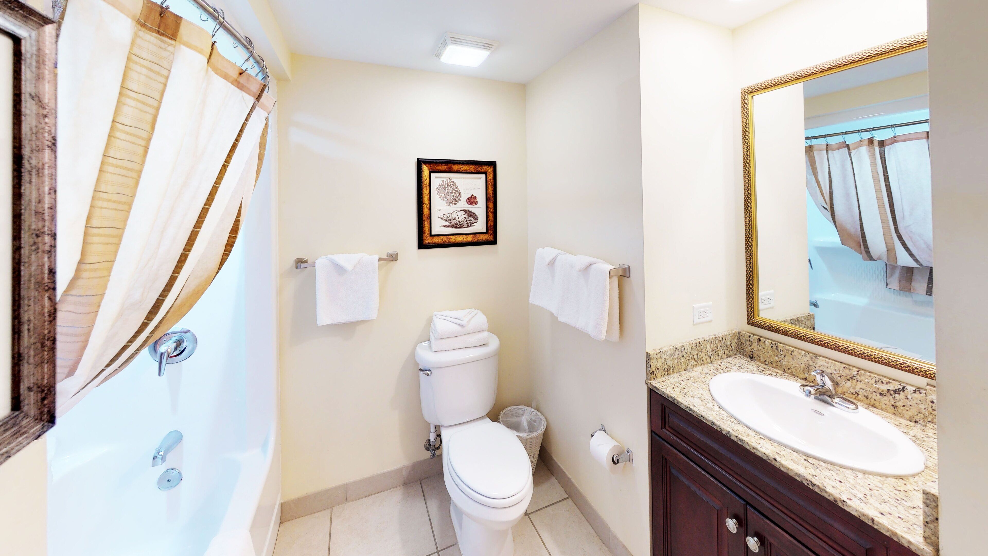 A bathroom with a toilet, sink, and shower. There is a framed picture on the wall and a mirror above the sink.