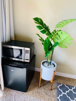 A compact kitchenette with a microwave, a small refrigerator, and a potted plant.