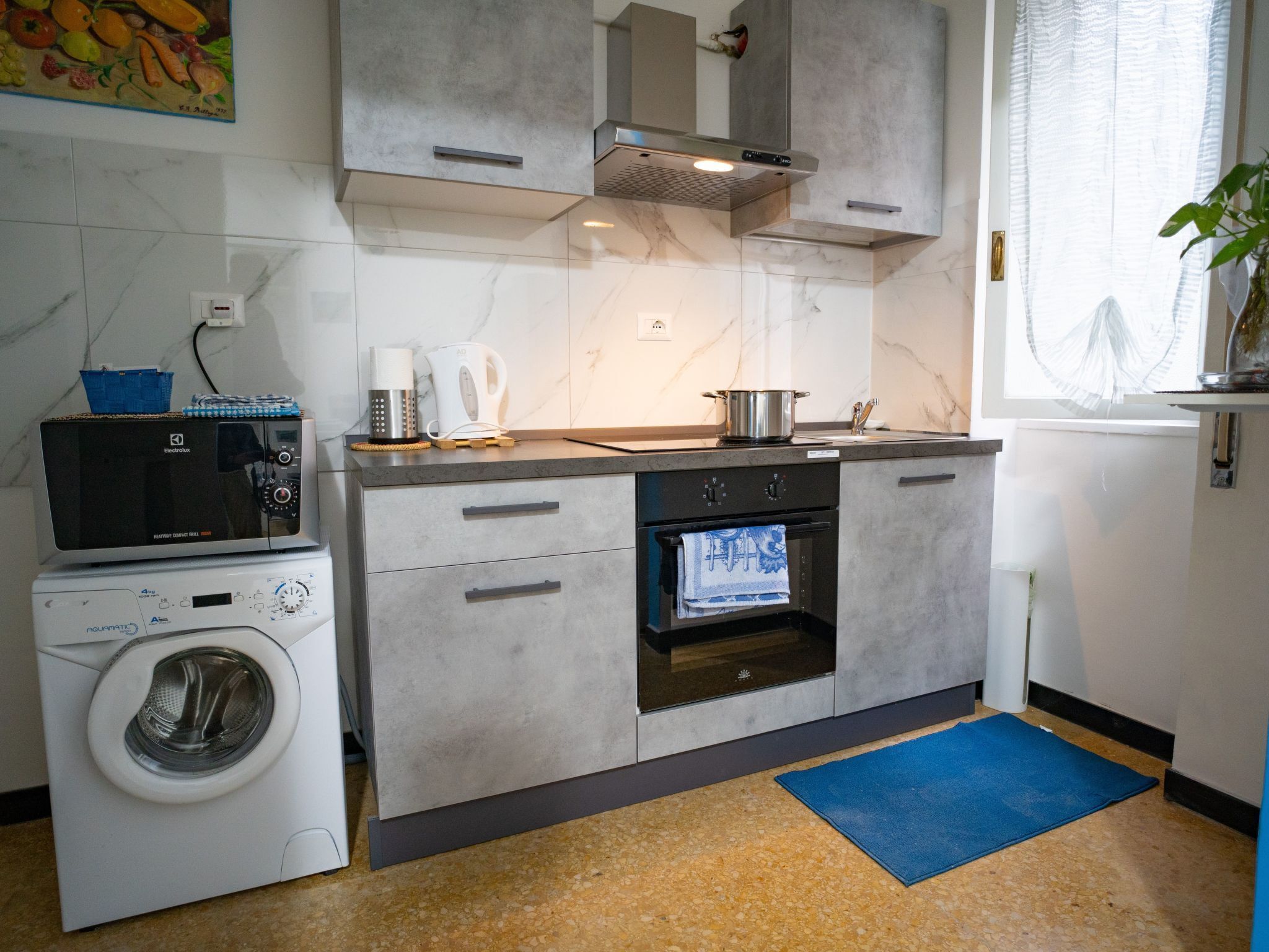 Frigorífico, microondas, horno y utensilios de cocina