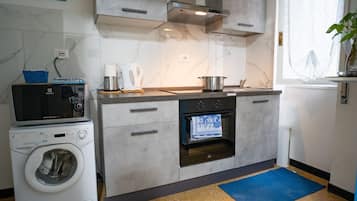 Frigorífico, microondas, horno y utensilios de cocina