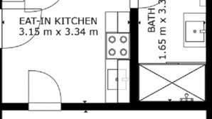 Un plan d’étage comprenant une cuisine ouverte de 3,15 m x 3,34 m, un salon de 5,01 m x 4,00 m, une salle de bain de 1,65 m x 3,3 m et une véranda.