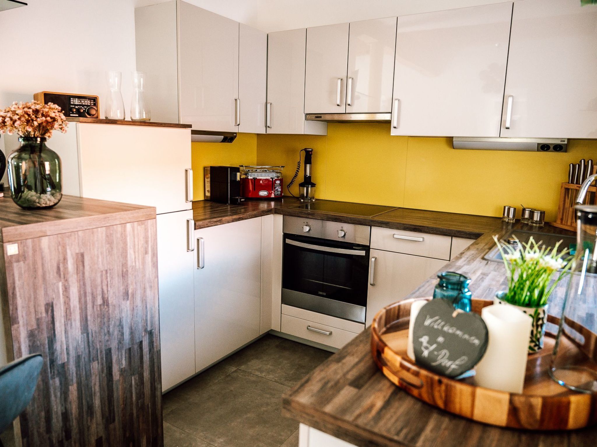 Fridge, oven, dishwasher, cookware/dishes/utensils