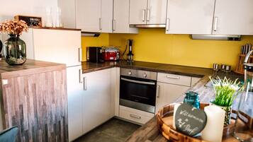 Fridge, oven, dishwasher, cookware/dishes/utensils