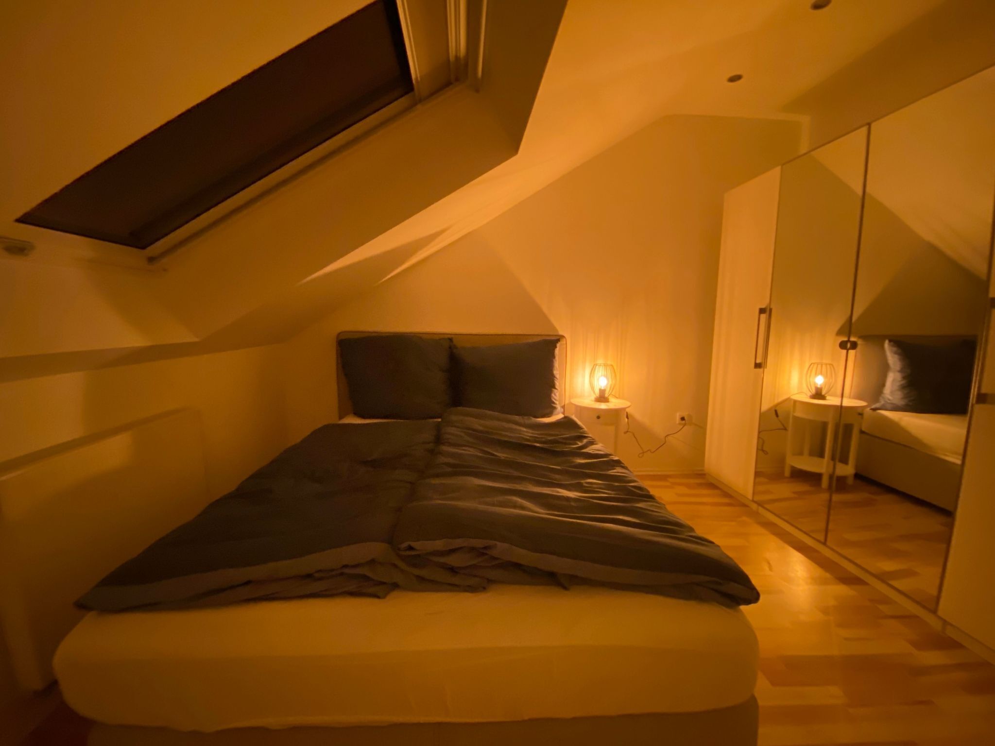 A bedroom with a bed, a nightstand, a lamp, a wardrobe, and a skylight.
