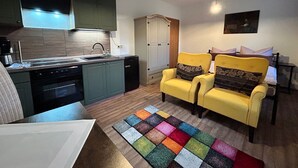 Un espacio habitable pequeño con kitchenette, un sofá y una alfombra colorida.