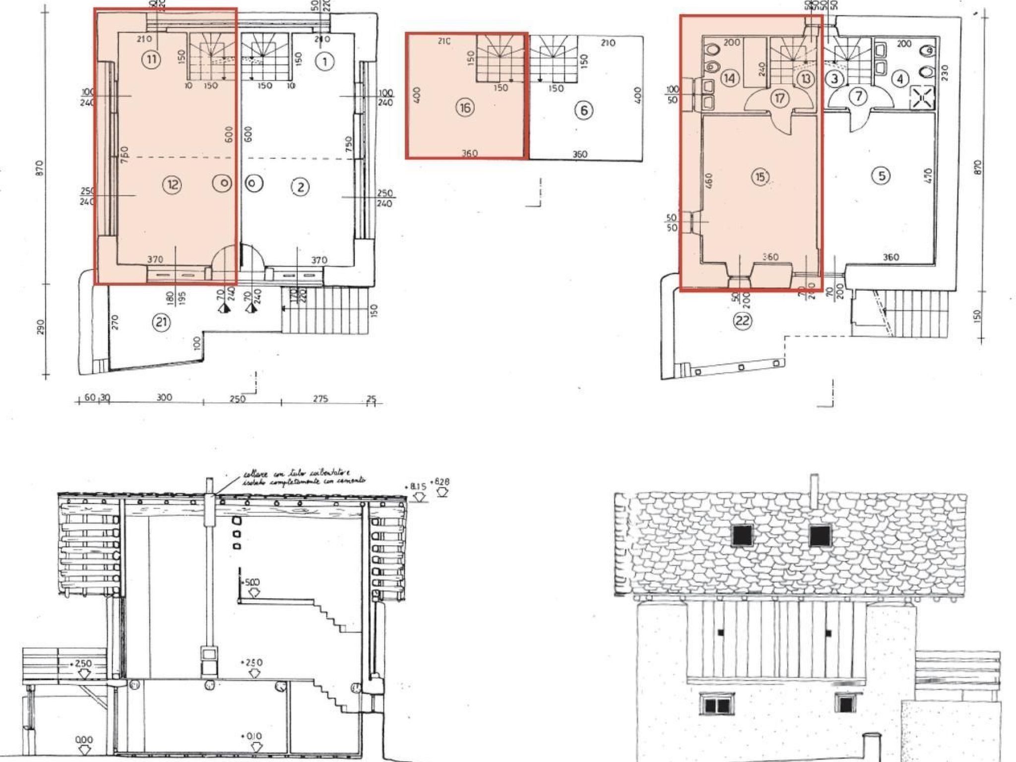 Piantine di un edificio con diverse stanze, tra cui una cucina, zone giorno e camere da letto.