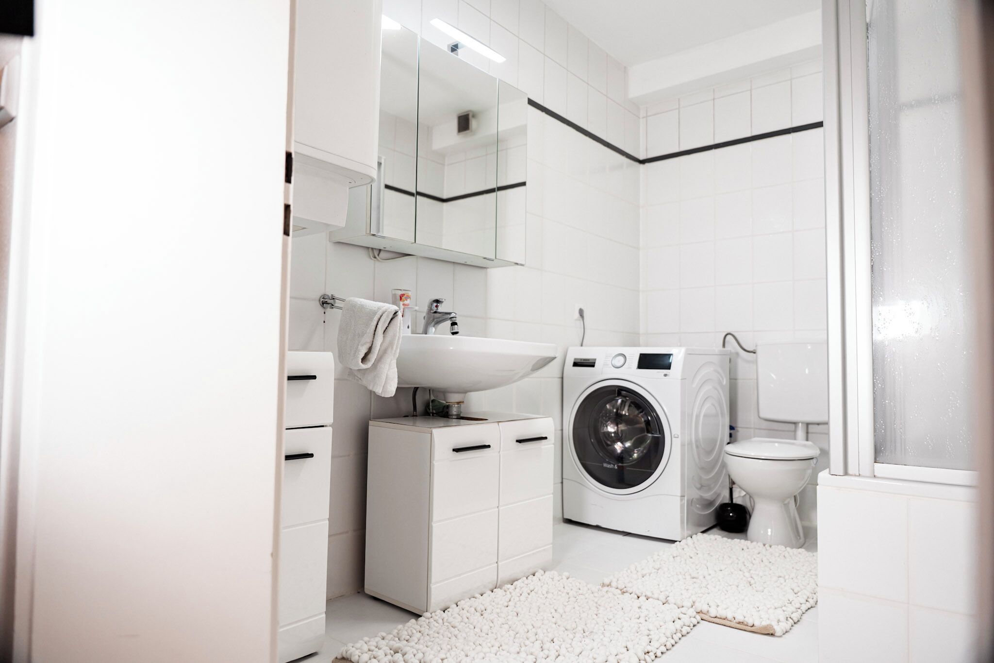 Hair dryer, towels, soap, shampoo