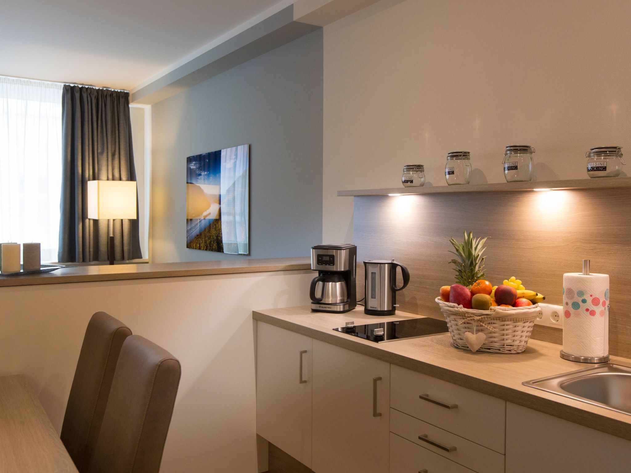 Fridge, microwave, cookware/dishes/utensils