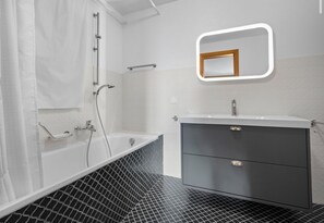 Hair dryer, towels, soap, toilet paper
