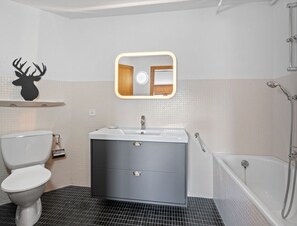 Hair dryer, towels, soap, toilet paper
