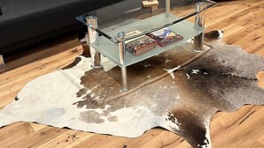 Ein modernes Wohnzimmer mit einem Glastisch, einem Lederteppich und einem dunklen Sofa.